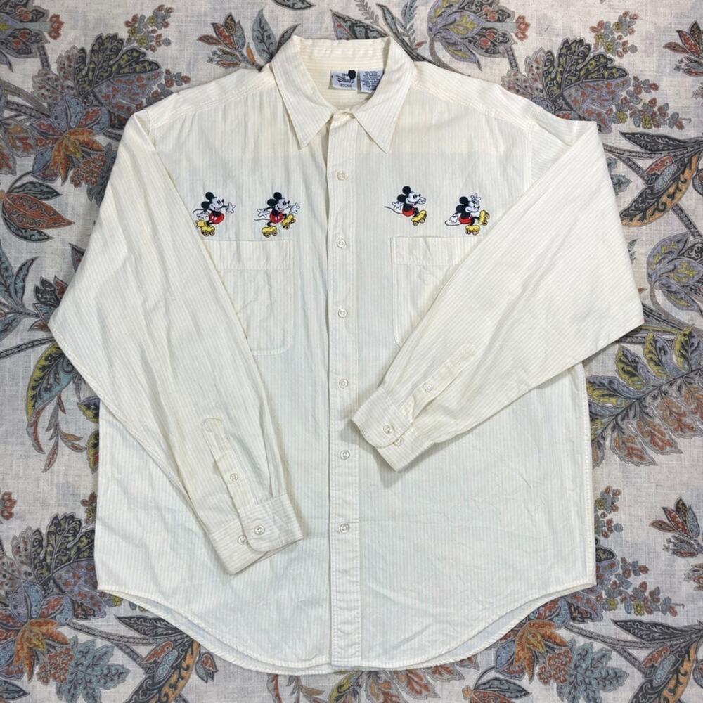 DISNEY Vintage Mickey Yellow White Stripe Long Sleeve Button Shirt Large